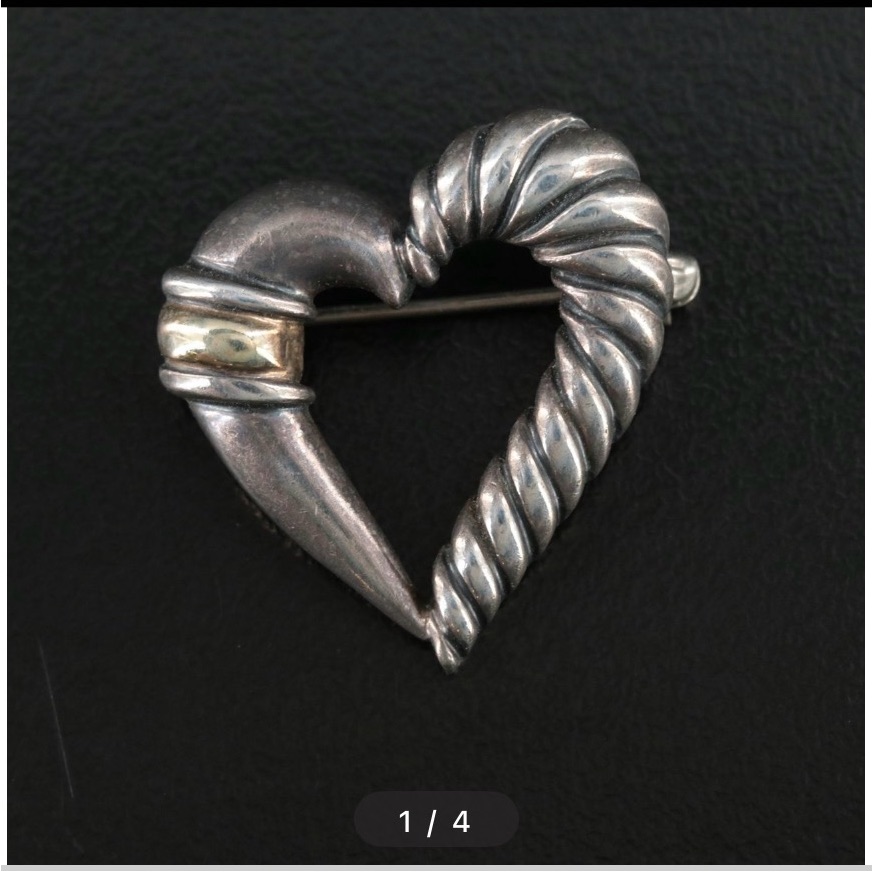 David Yurman Silver And 14kt Gold Twisted Heart Brooch 250$